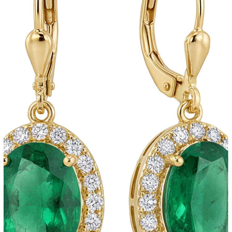 Boucles d'oreilles dormeuses halo avec émeraude verte ovale de laboratoire 4,5 carats en or jaune 14K