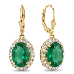 Boucles d'oreilles dormeuses halo avec émeraude verte ovale de laboratoire 4,5 carats en or jaune 14K