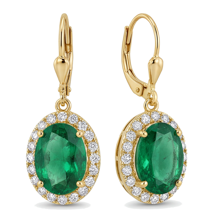 Boucles d'oreilles dormeuses halo avec émeraude verte ovale de laboratoire 4,5 carats en or jaune 14K