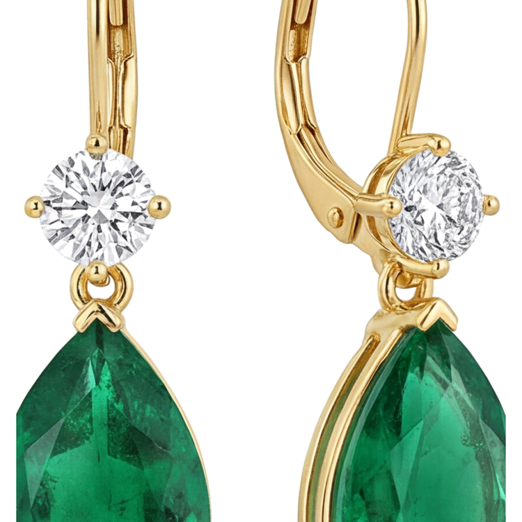 Boucles d'oreilles dormeuses émeraude verte de laboratoire 4,5 carats, poire et sommet rond en Or Jaune 14 carats