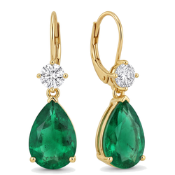 Boucles d'oreilles dormeuses en émeraude verte de laboratoire 4,5 carats, taille poire et dessus rond, en Or Jaune 14K