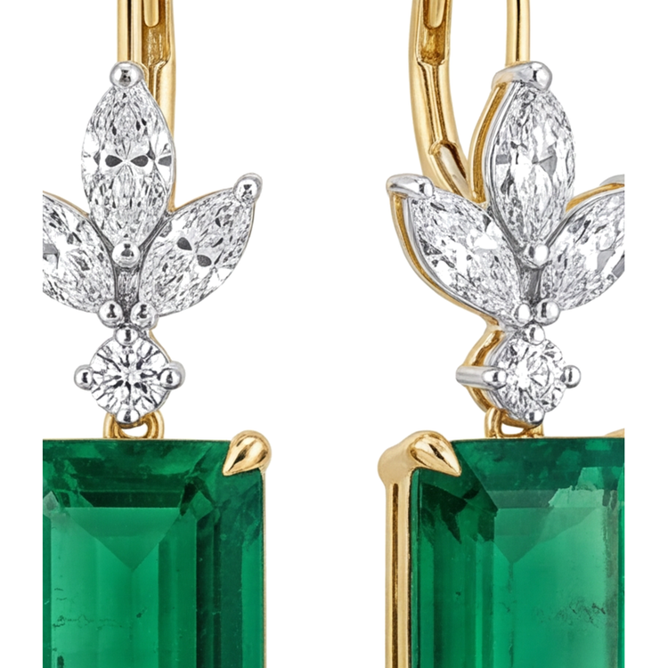 Boucles d'oreilles dormeuses émeraude verte 4 carats de laboratoire Taille Émeraude feuilles marquise Or Jaune 14 carats