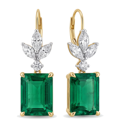 Boucles d'oreilles dormeuses émeraude verte 4 carats de laboratoire Taille Émeraude feuilles marquise Or Jaune 14 carats
