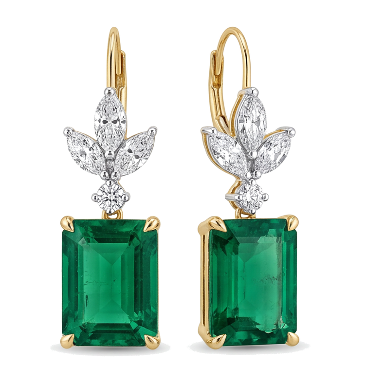 Boucles d'oreilles dormeuses émeraude verte 4 carats de laboratoire Taille Émeraude feuilles marquise Or Jaune 14 carats