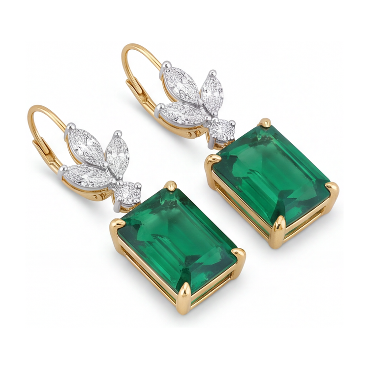 Boucles d'oreilles dormeuses émeraude verte 4 carats de laboratoire Taille Émeraude feuilles marquise Or Jaune 14K