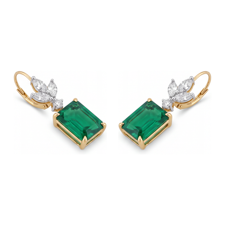 Boucles d'oreilles dormeuses émeraude verte 4 carats de laboratoire Taille Émeraude feuilles marquise Or Jaune 14K