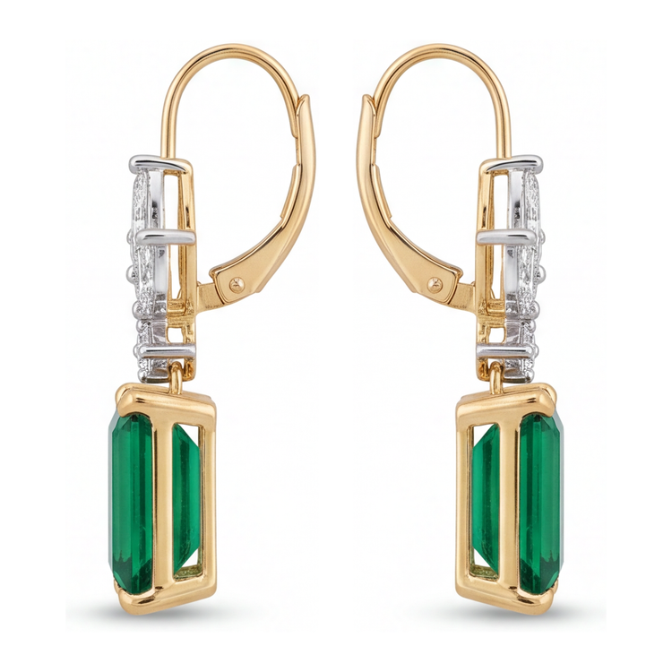 Boucles d'oreilles dormeuses émeraude verte 4 carats de laboratoire Taille Émeraude feuilles marquise Or Jaune 14 carats