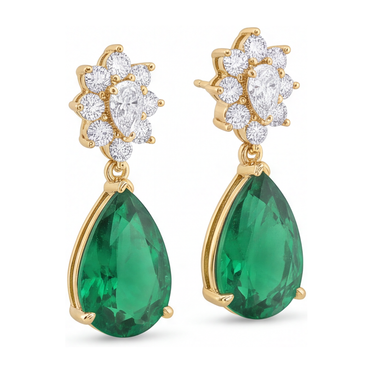 Boucles d'oreilles dormeuses en émeraude verte de laboratoire 5,5 carats, grappe poire en Or Jaune 14 carats
