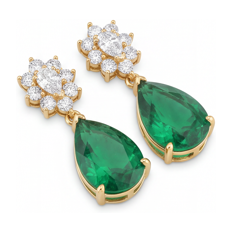Boucles d'oreilles dormeuses en or jaune 14 carats, grappe d'émeraudes vertes de laboratoire taille poire 5,5 carats