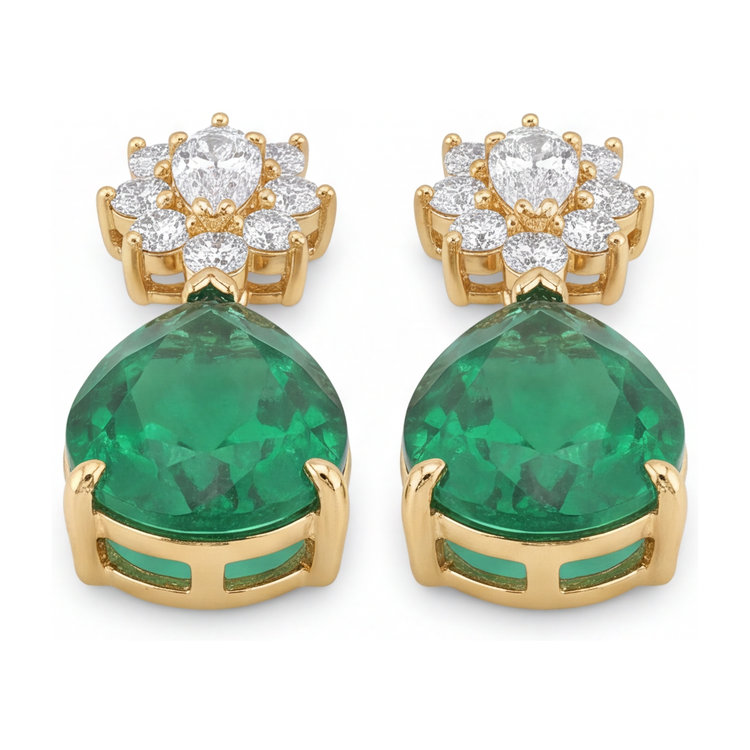 Boucles d'oreilles dormeuses en émeraude verte de laboratoire 5,5 carats, grappe poire en Or Jaune 14 carats