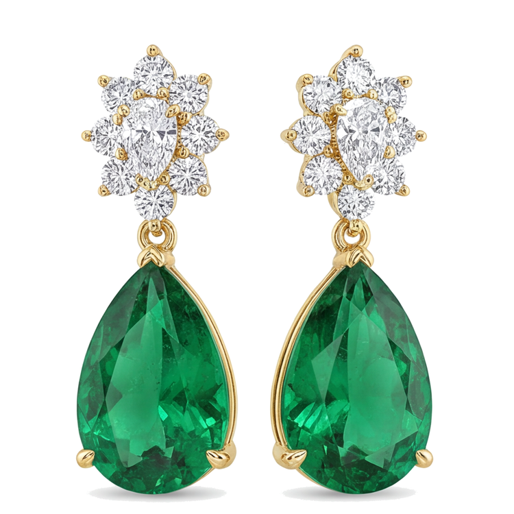 Boucles d'oreilles dormeuses en or jaune 14 carats, grappe d'émeraudes vertes de laboratoire taille poire 5,5 carats
