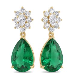 Boucles d'oreilles dormeuses en émeraude verte de laboratoire 5,5 carats, grappe poire en Or Jaune 14 carats