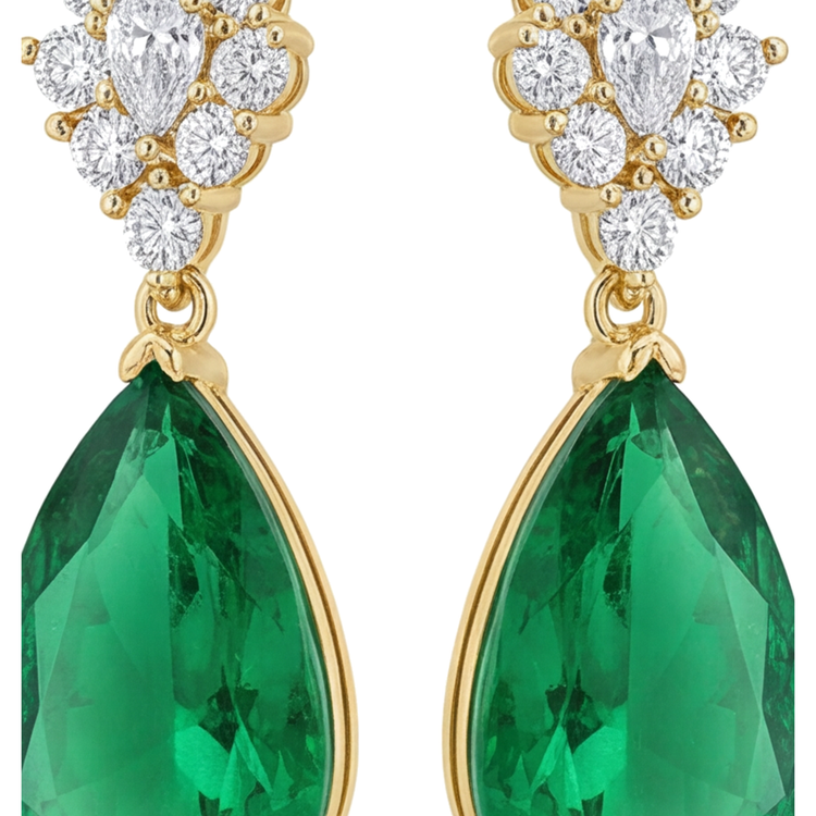 Boucles d'oreilles dormeuses en émeraude verte de laboratoire 5 carats, grappe poire et marquise, or jaune 14K