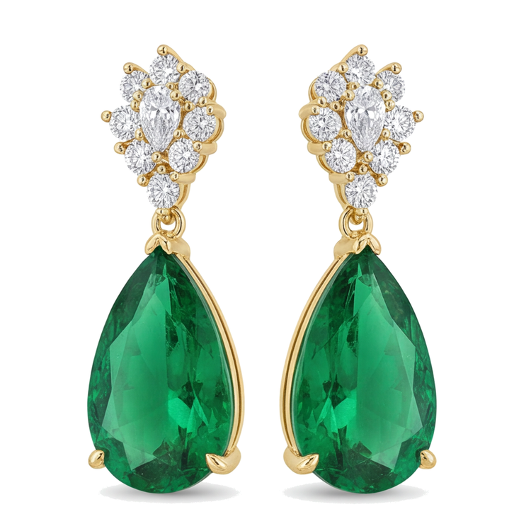 Boucles d'oreilles dormeuses en émeraude verte de laboratoire 5 carats, grappe poire et marquise, or jaune 14K