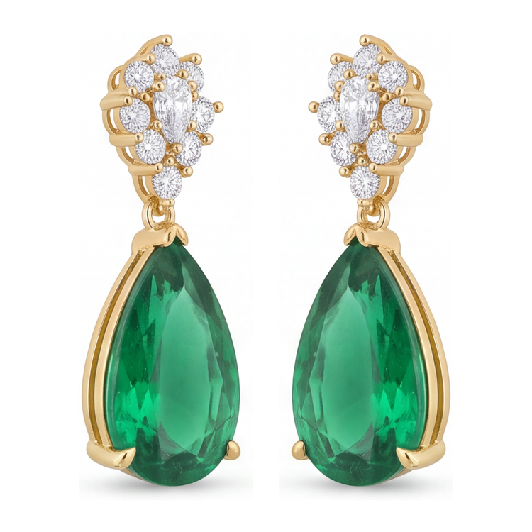 Boucles d'oreilles dormeuses en émeraude verte de laboratoire 5 carats, grappe poire et marquise, or jaune 14K