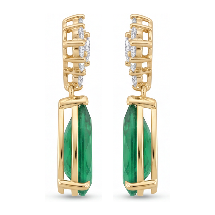 Boucles d'oreilles dormeuses en émeraude verte de laboratoire 5 carats, grappe poire et marquise, or jaune 14K