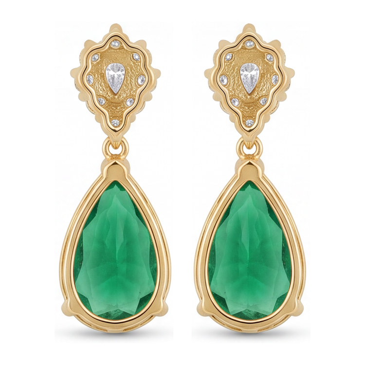 Boucles d'oreilles dormeuses en émeraude verte de laboratoire 5 carats, grappe poire et marquise, or jaune 14K