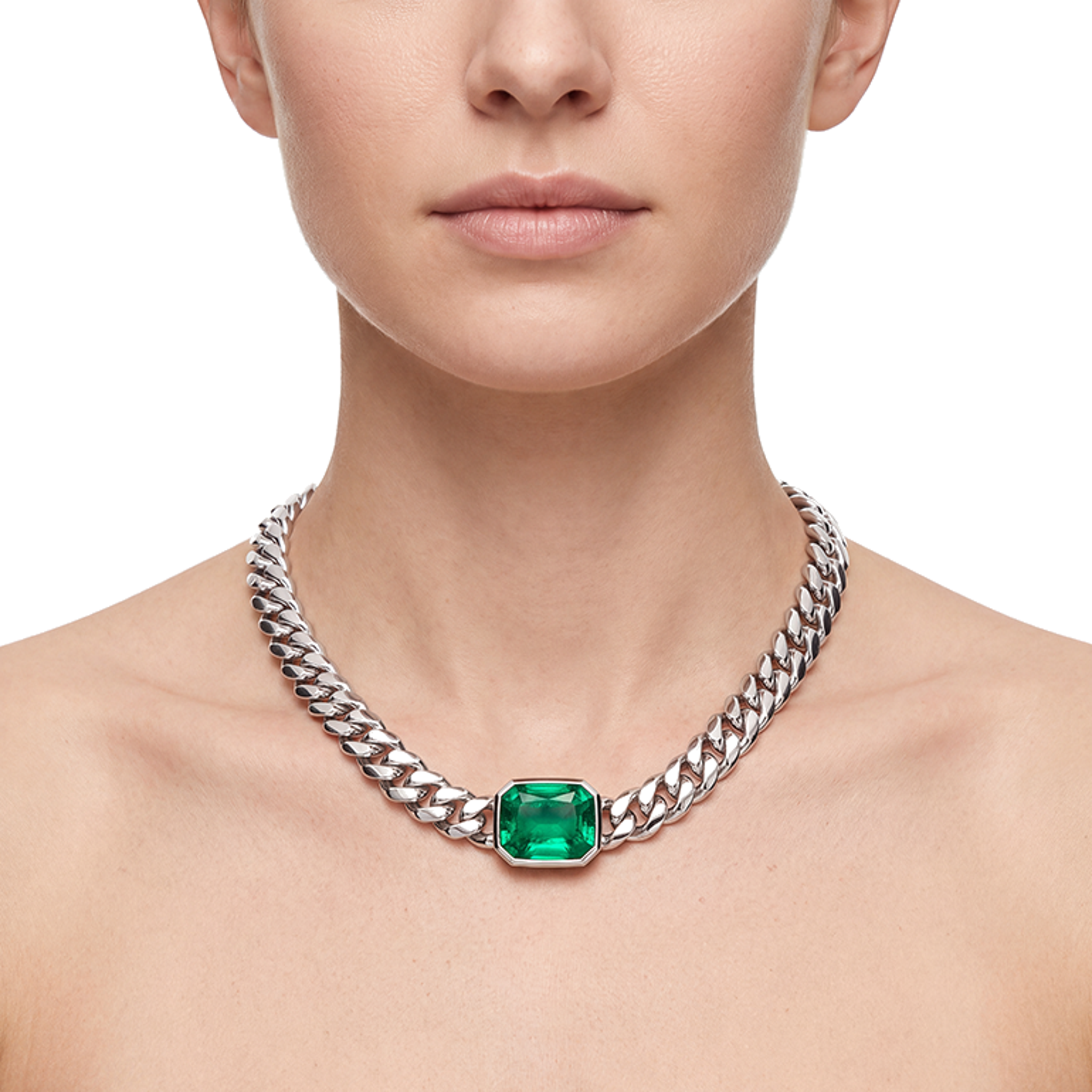 Collier maille cubaine Miami en or avec pendentif coulissant en émeraude 30 carats