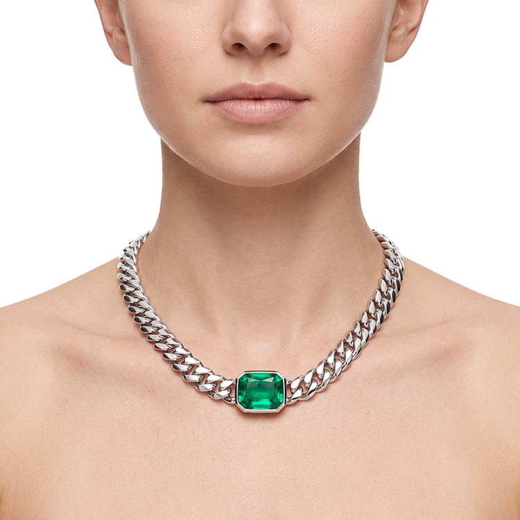 Collier maille cubaine Miami en or avec pendentif coulissant en émeraude 30 carats