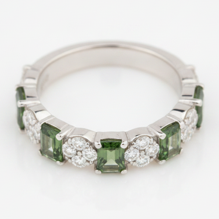 Bague de Fiançailles Pierre Verte Tourmaline Naturelle Anneau Zigzag en Or Blanc 18 Carats