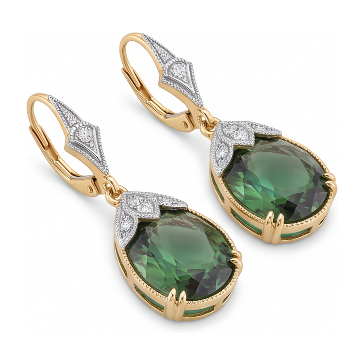 Boucles d'oreilles dormeuses en tourmaline verte de laboratoire ovale 5 carats milgrain en or jaune 14 carats