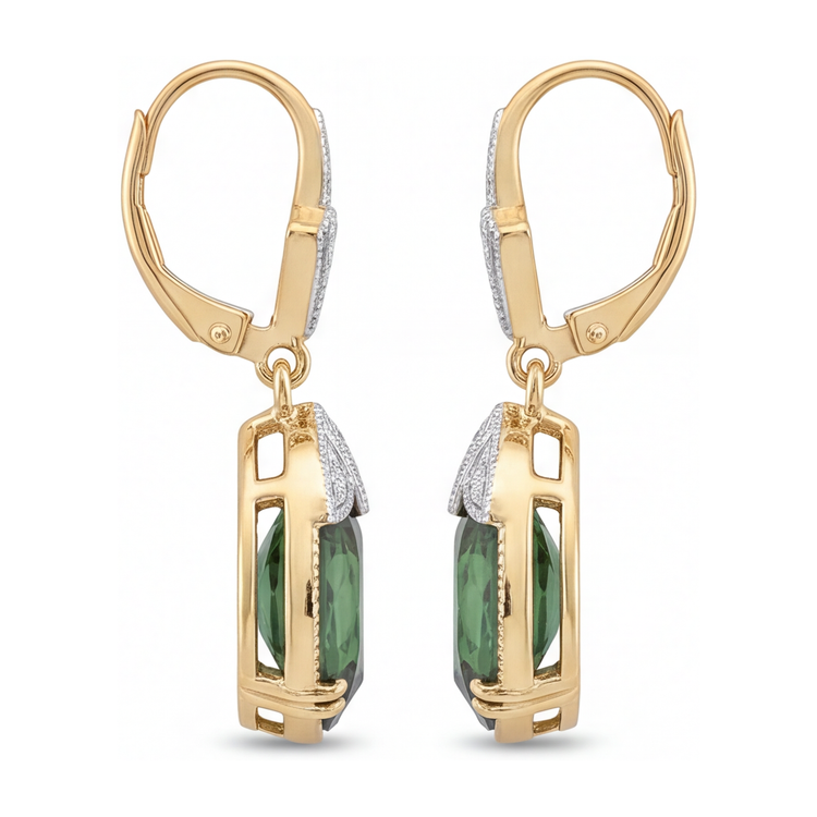 Boucles d'oreilles dormeuses en tourmaline verte de laboratoire ovale 5 carats milgrain en or jaune 14 carats