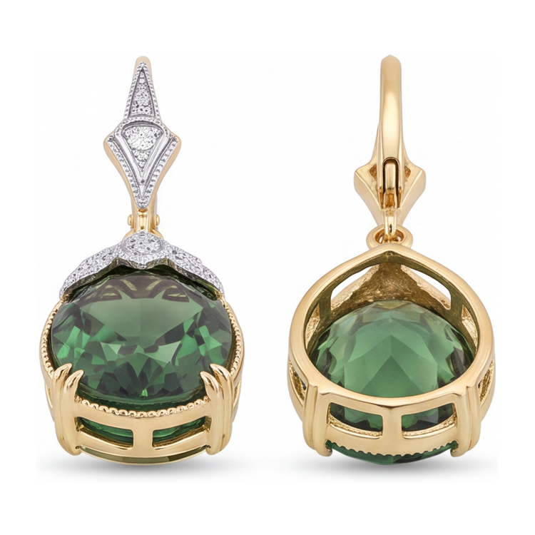 Boucles d'oreilles dormeuses en tourmaline verte de laboratoire ovale 5 carats milgrain en or jaune 14 carats