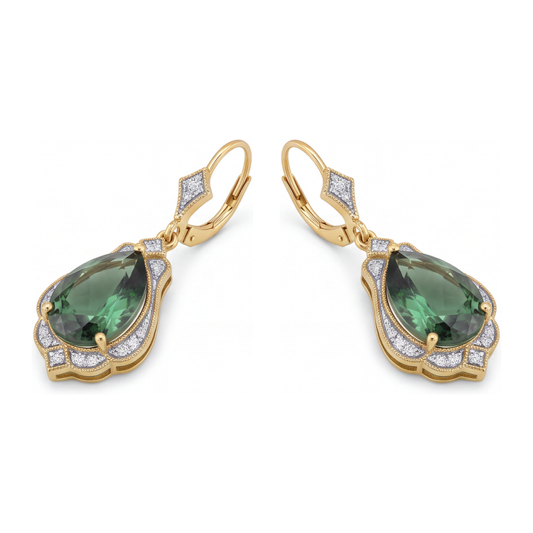 Boucles d'oreilles dormeuses en tourmaline verte de laboratoire 5 carats taille poire milgrain en or jaune 14 carats