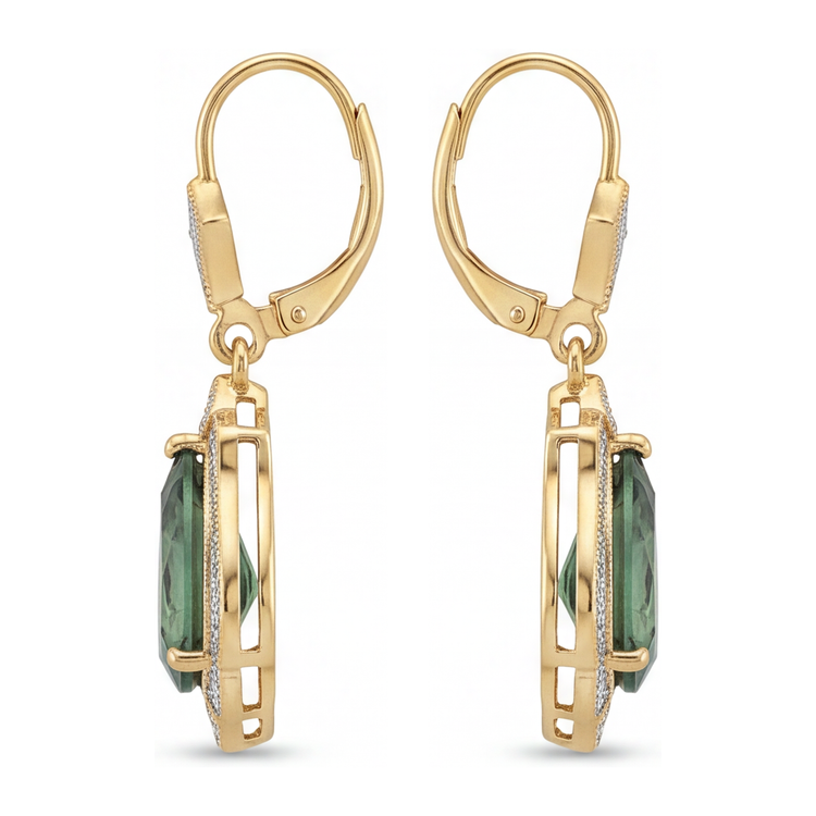 Boucles d'oreilles dormeuses en tourmaline verte de laboratoire 5 carats taille poire milgrain en or jaune 14K