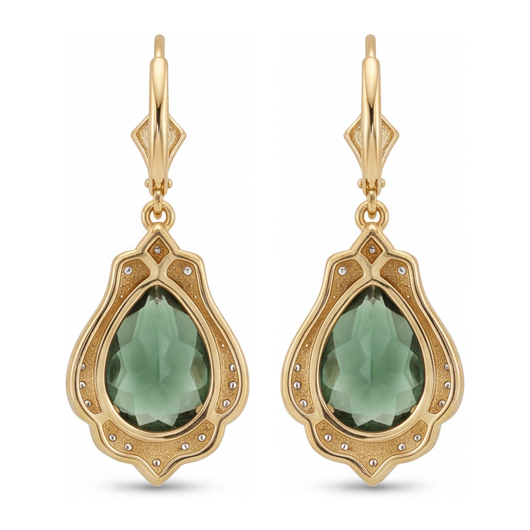 Boucles d'oreilles dormeuses en tourmaline verte de laboratoire 5 carats taille poire milgrain en or jaune 14 carats