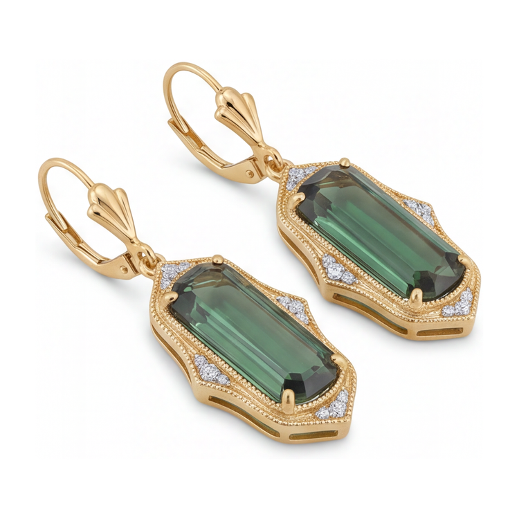 Boucles d'oreilles en tourmaline verte de laboratoire 5 carats, Taille Émeraude allongée, milgrain, en Or Jaune 14K