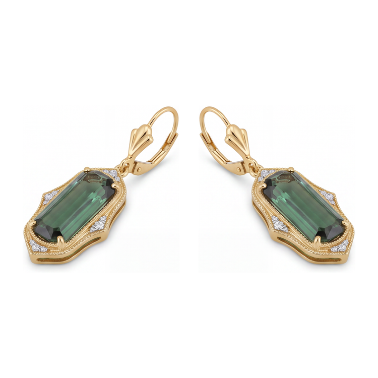 Boucles d'oreilles en tourmaline verte de laboratoire 5 carats, Taille Émeraude allongée, milgrain, en Or Jaune 14K