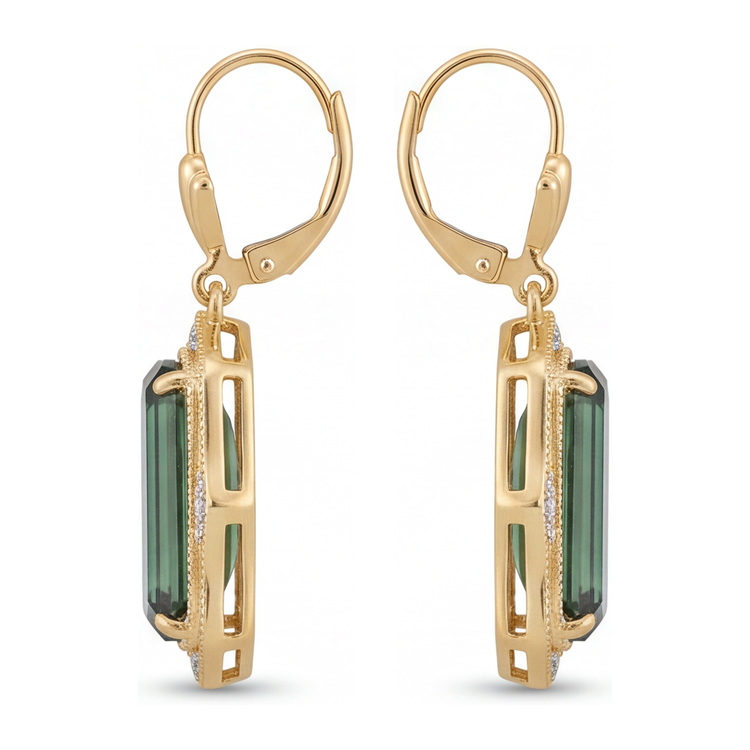 Boucles d'oreilles en tourmaline verte de laboratoire 5 carats, Taille Émeraude allongée, milgrain, en Or Jaune 14K