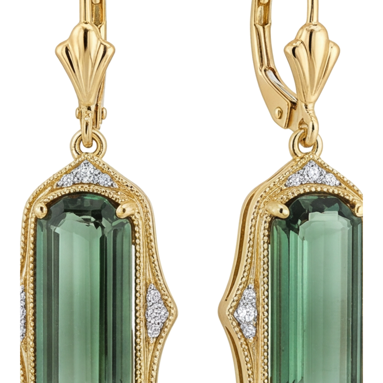 Boucles d'oreilles en tourmaline verte de laboratoire 5 carats, Taille Émeraude allongée, milgrain, en Or Jaune 14K
