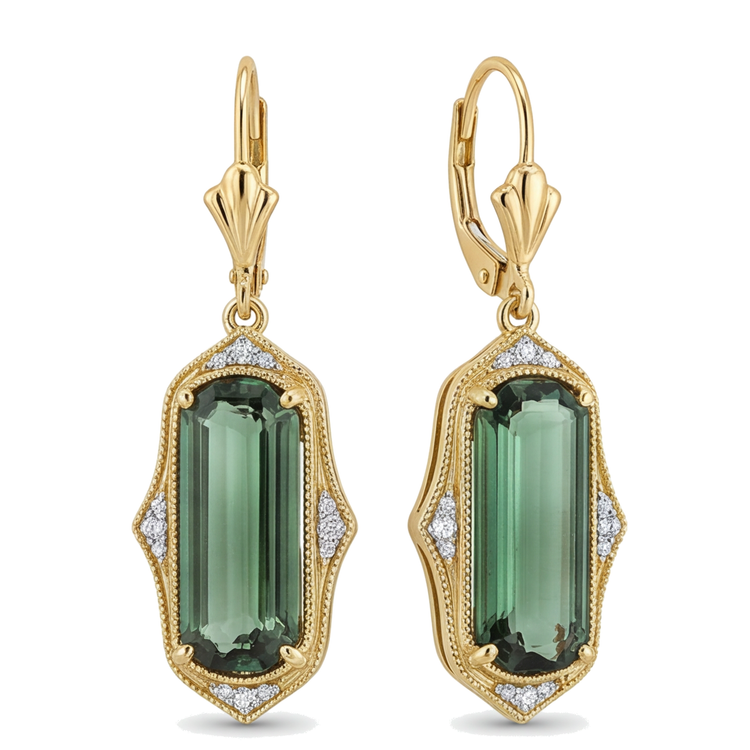 Boucles d'oreilles en tourmaline verte de laboratoire 5 carats, Taille Émeraude allongée, milgrain, en Or Jaune 14K