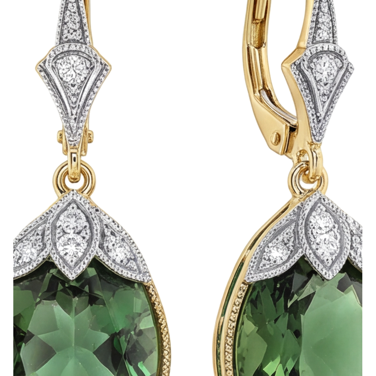 Boucles d'oreilles dormeuses en Or Jaune 14 carats avec tourmaline verte ovale de laboratoire 5 carats et milgrain