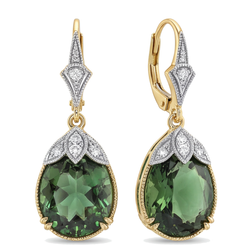Boucles d'oreilles dormeuses en Or Jaune 14 carats avec tourmaline verte ovale de laboratoire 5 carats et milgrain