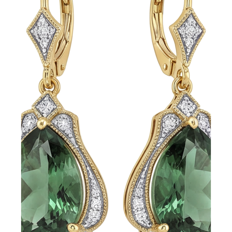 Boucles d'oreilles dormeuses en tourmaline verte de laboratoire 5 carats taille poire milgrain en or jaune 14K