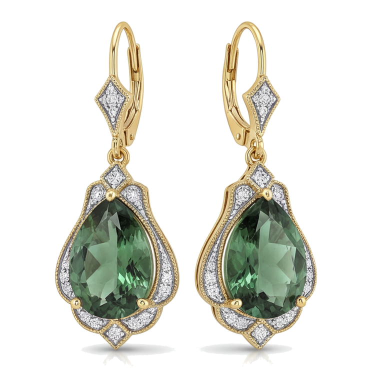 Boucles d'oreilles dormeuses en tourmaline verte de laboratoire 5 carats taille poire milgrain en or jaune 14K
