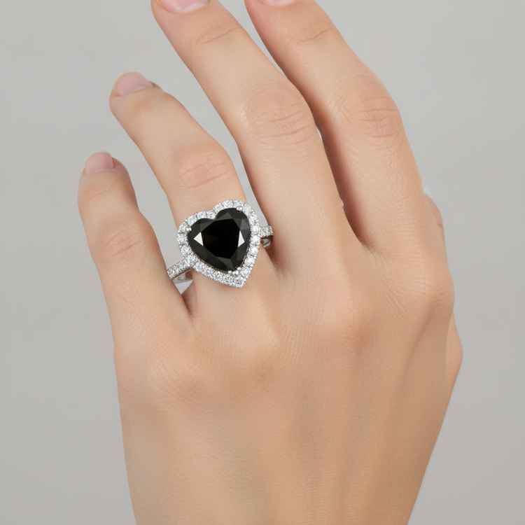 Bague de fiançailles diamant noir naturel 6 carats halo cœur en or blanc 14 carats