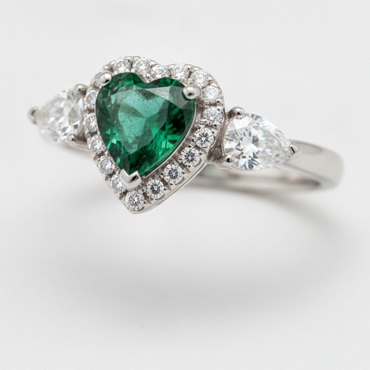 Bague trois pierres en platine avec émeraude verte véritable taille cœur de 3,2 carats et halo