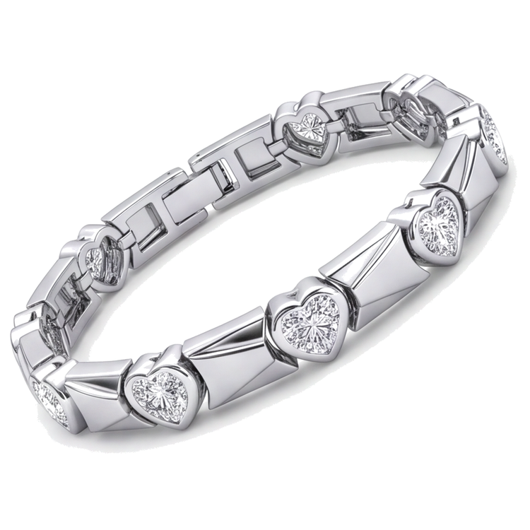 Bracelet à maillons barres cannelées et diamants taille cœur de laboratoire 5 carats en Or Blanc 14K, 7 pouces