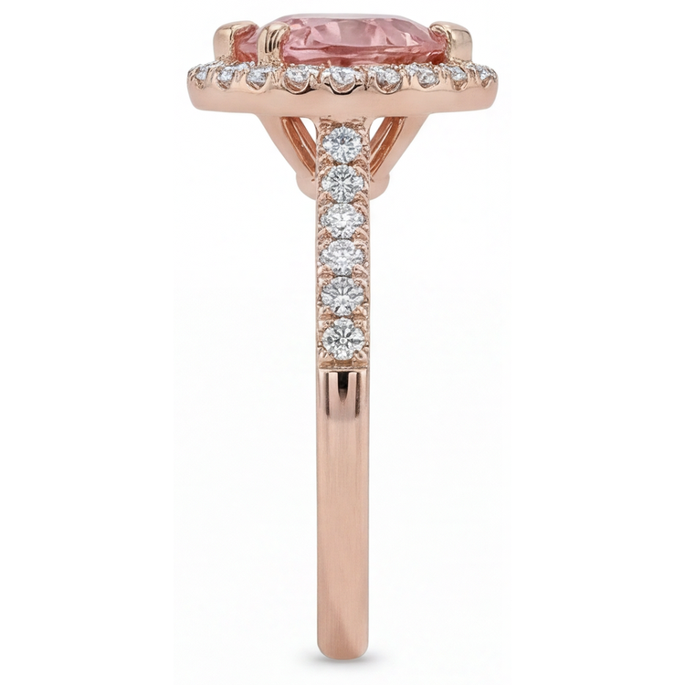 Bague en Saphir Padparadscha de Laboratoire 3,8 Carats Halo Cœur Anneau Fendu en Or Rose 14K
