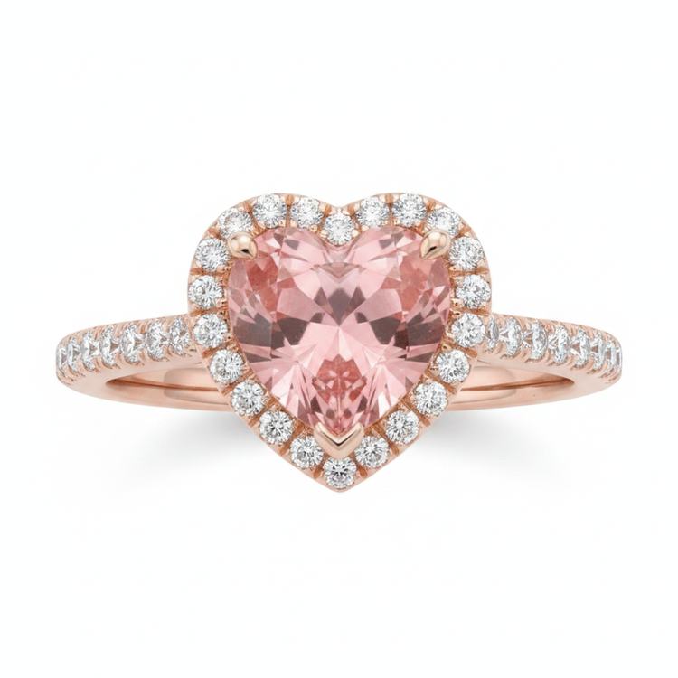 Bague en Saphir Padparadscha de Laboratoire 3,8 Carats Halo Cœur Anneau Fendu en Or Rose 14K