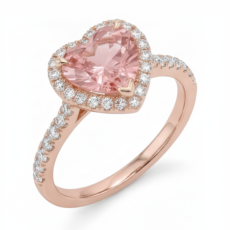 Bague en Saphir Padparadscha de Laboratoire 3,8 Carats Halo Cœur Anneau Fendu en Or Rose 14K
