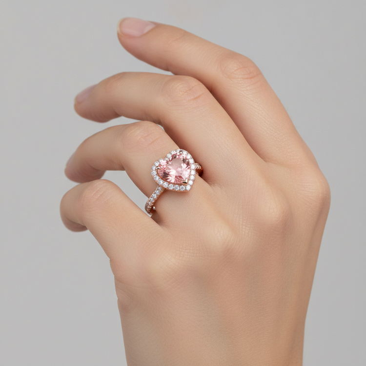 Bague en Saphir Padparadscha de Laboratoire 3,8 Carats Halo Cœur Anneau Fendu en Or Rose 14K