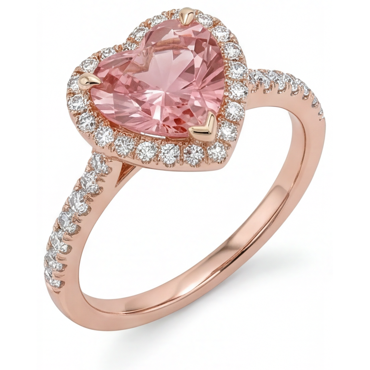 Bague en Saphir Padparadscha de Laboratoire 3,8 Carats Halo Cœur Anneau Fendu en Or Rose 14K