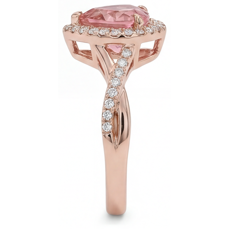 Bague Saphir Padparadscha 3,8 Carats de laboratoire Halo Cœur Torsadée Or Rose 14K