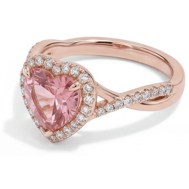 Bague Saphir Padparadscha 3,8 Carats de laboratoire Halo Cœur Torsadée Or Rose 14K