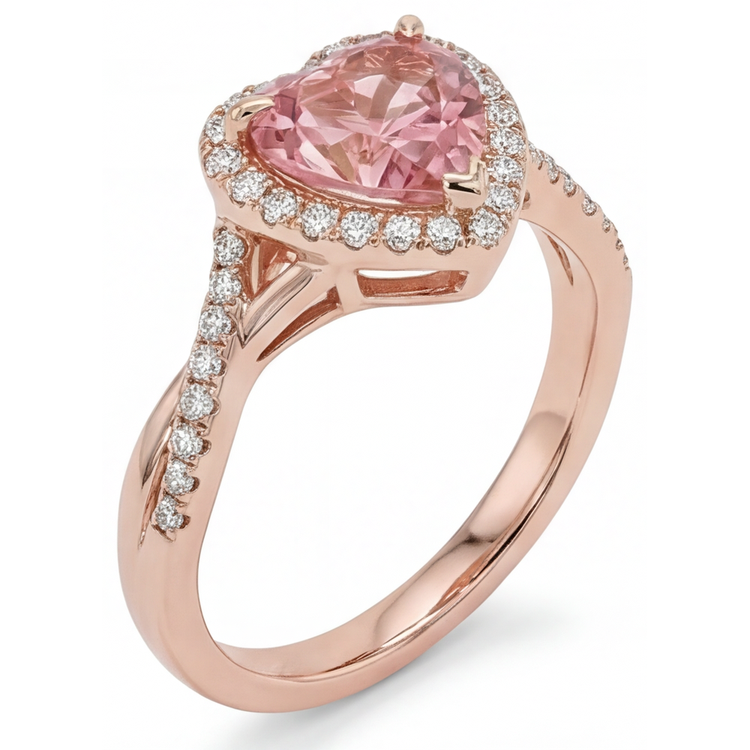 Bague Saphir Padparadscha 3,8 Carats de laboratoire Halo Cœur Torsadée Or Rose 14K